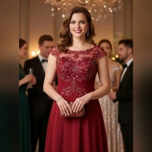 JJ's House Burgundy‎ Lace Beaded Formal Gown Dress Size 16
